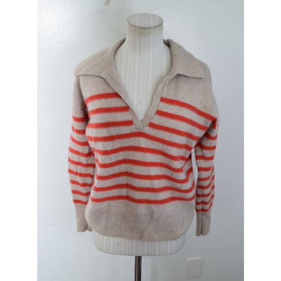 Vineyard Vines 100% Cashmere Knit Sweater S Cream Orange Striped Collar V Neck - Picture 1 of 5